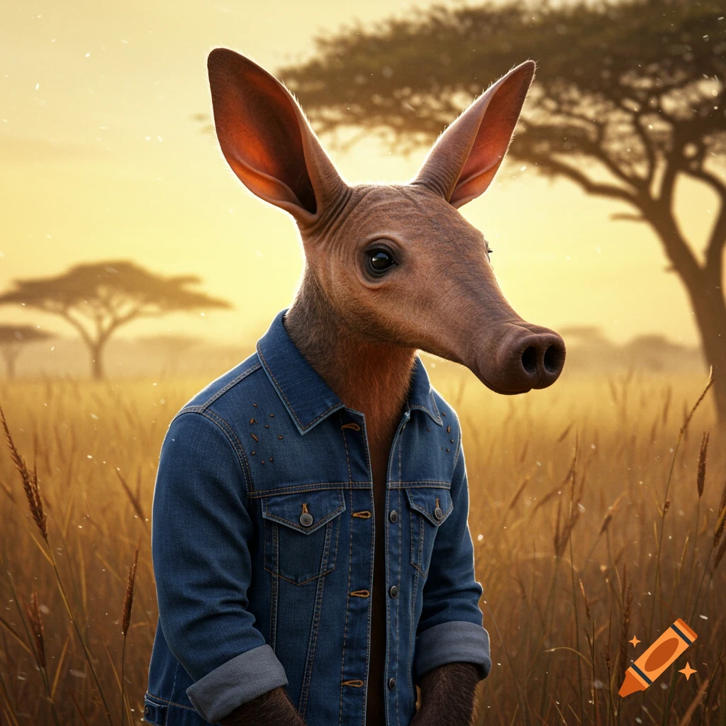 Photorealistic aardvark in a denim jacket standing in a golden savanna.