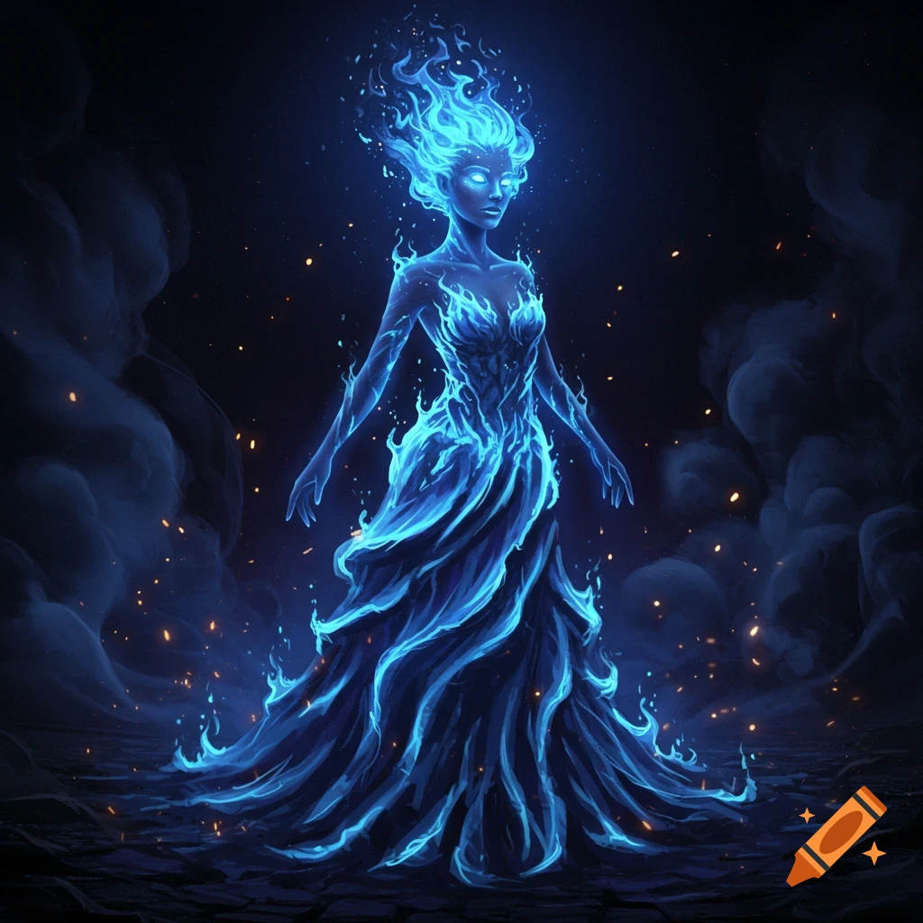 A humanoid figure made of swirling blue flames, with glowing eyes and hair, stands in a dark, smoky environment with sparks.