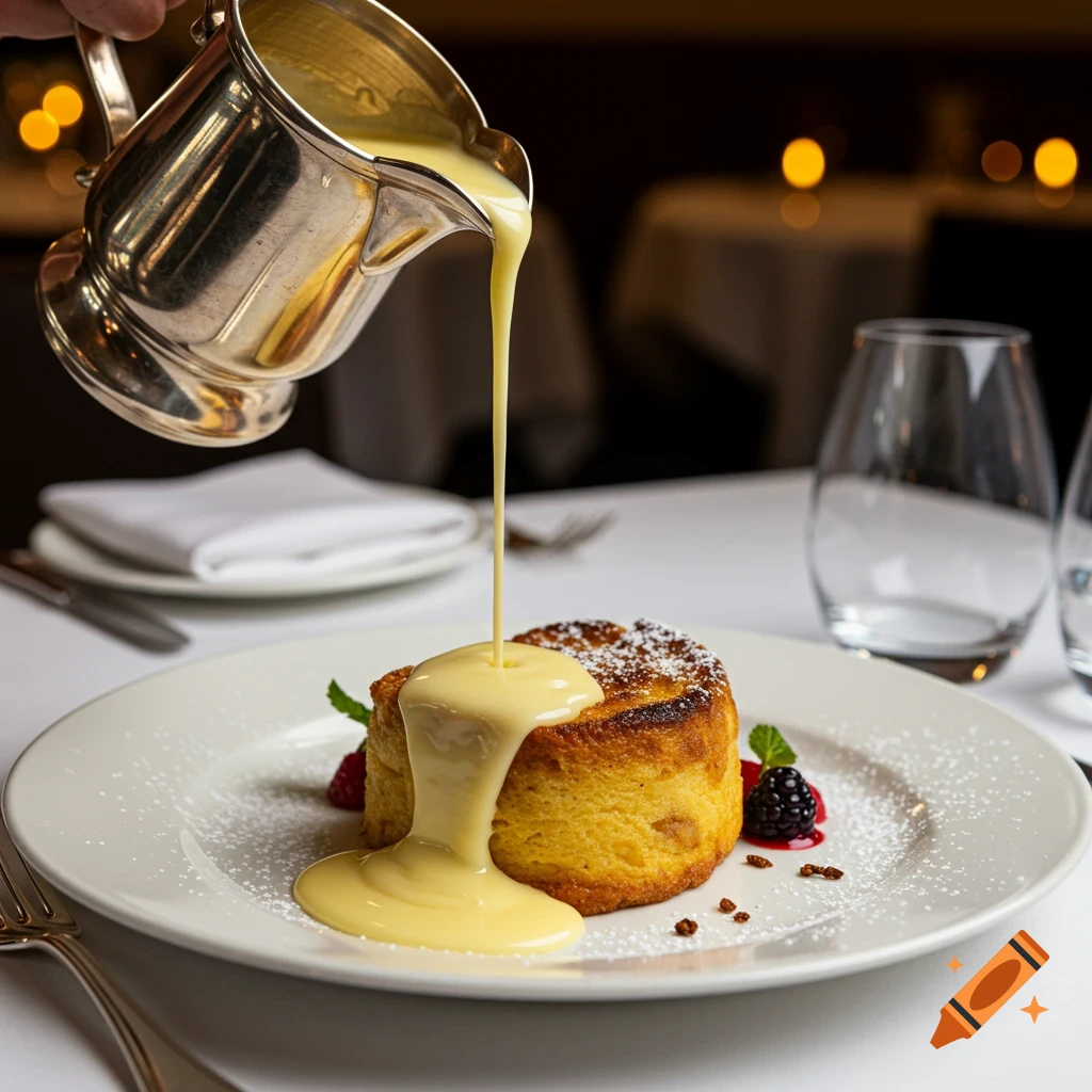 Close-up of a hand pouring creamy custard from a silver pitcher onto a bread and butter pudding with berries and powdered sugar on a white plate in a restaurant setting.