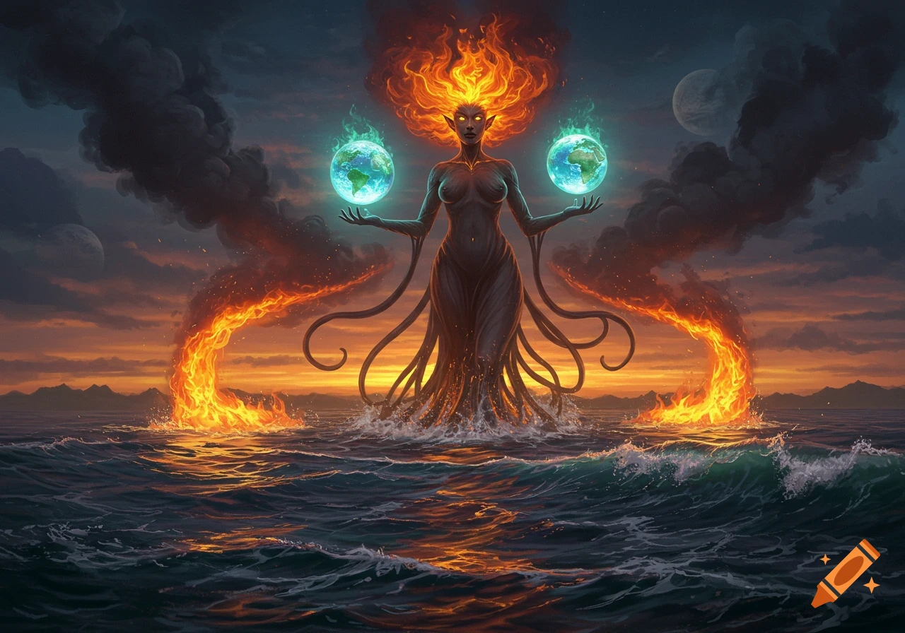 Mythical fire-haired siren rising from the ocean, holding glowing Earths, with fire tornadoes and a dramatic sunset sky.