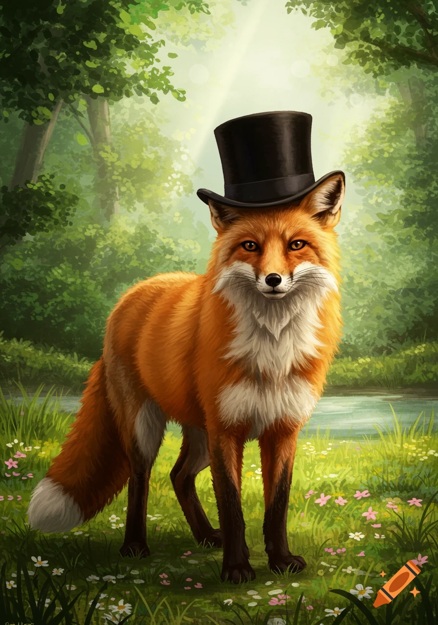 An illustrative painting of a fox wearing a black top hat standing in a lush green forest with flowers and a stream.