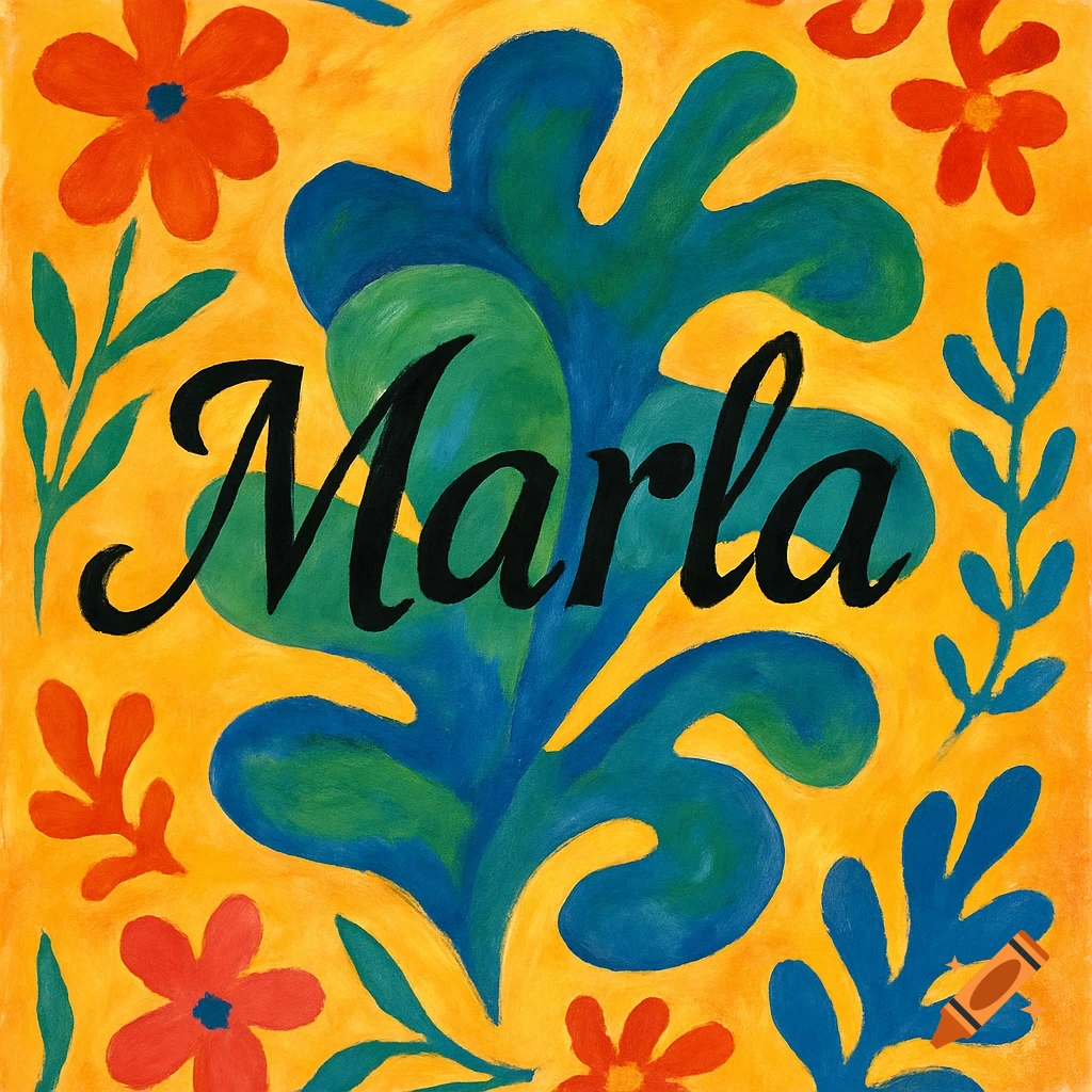 The name "Marla" in black script over blue and green abstract foliage, with red flowers on an orange background in a Matisse-inspired style.
