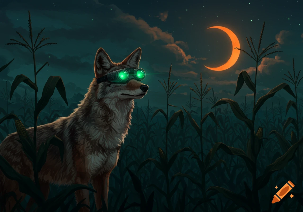 A coyote wearing green night vision goggles stands in a dark cornfield under an orange crescent moon.