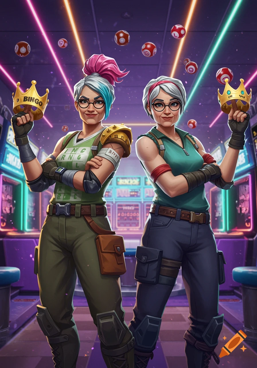 Two older women in Fortnite-style outfits hold golden crowns with 'BINGO' written on them, standing in a neon-lit arcade with floating bingo balls.