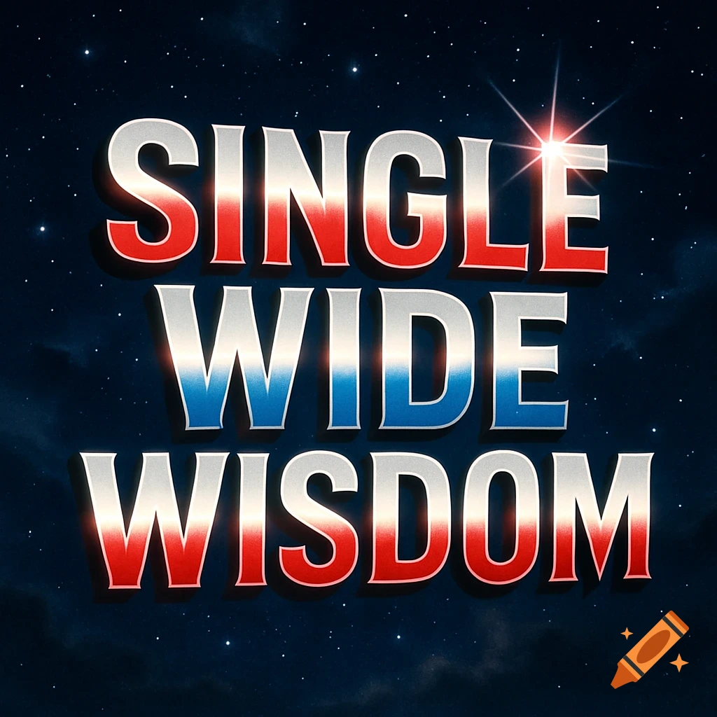 The phrase "SINGLE WIDE WISDOM" in a bold, retro-style font with red, white, and blue gradient colors, set against a dark starry night sky.
