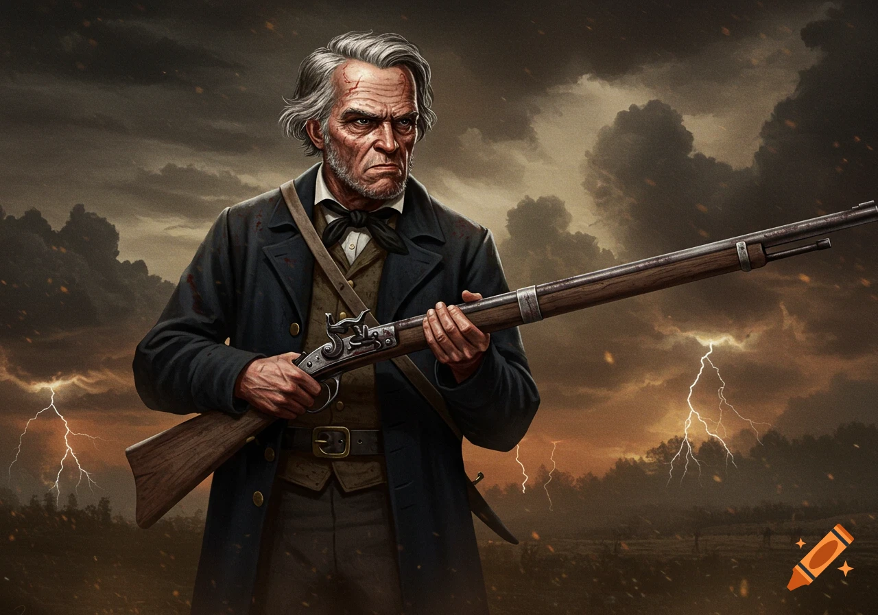 An illustrated portrait of an old man with a grey beard and stern expression holding a rifle against a stormy sky with lightning.