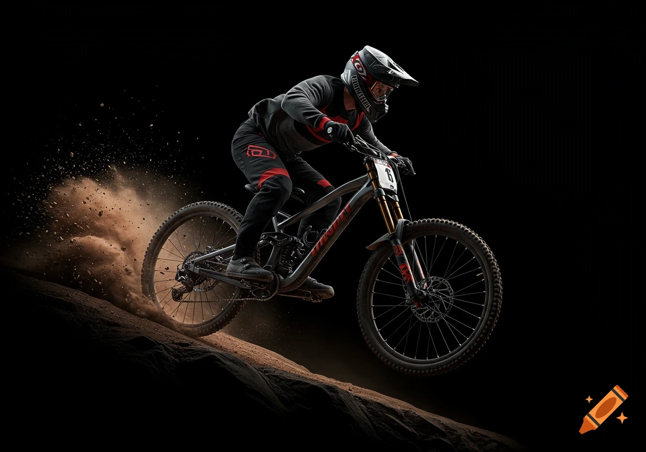 A mountain biker in black and red gear rides downhill, kicking up a trail of dust against a solid black background.