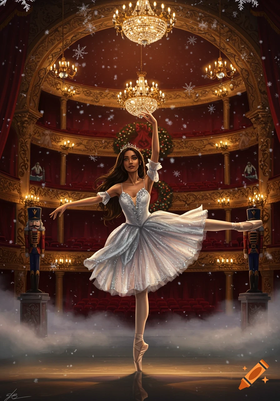 A ballerina in a sparkling white tutu dances on a snowy stage in a grand red theater with chandeliers and nutcracker figures.