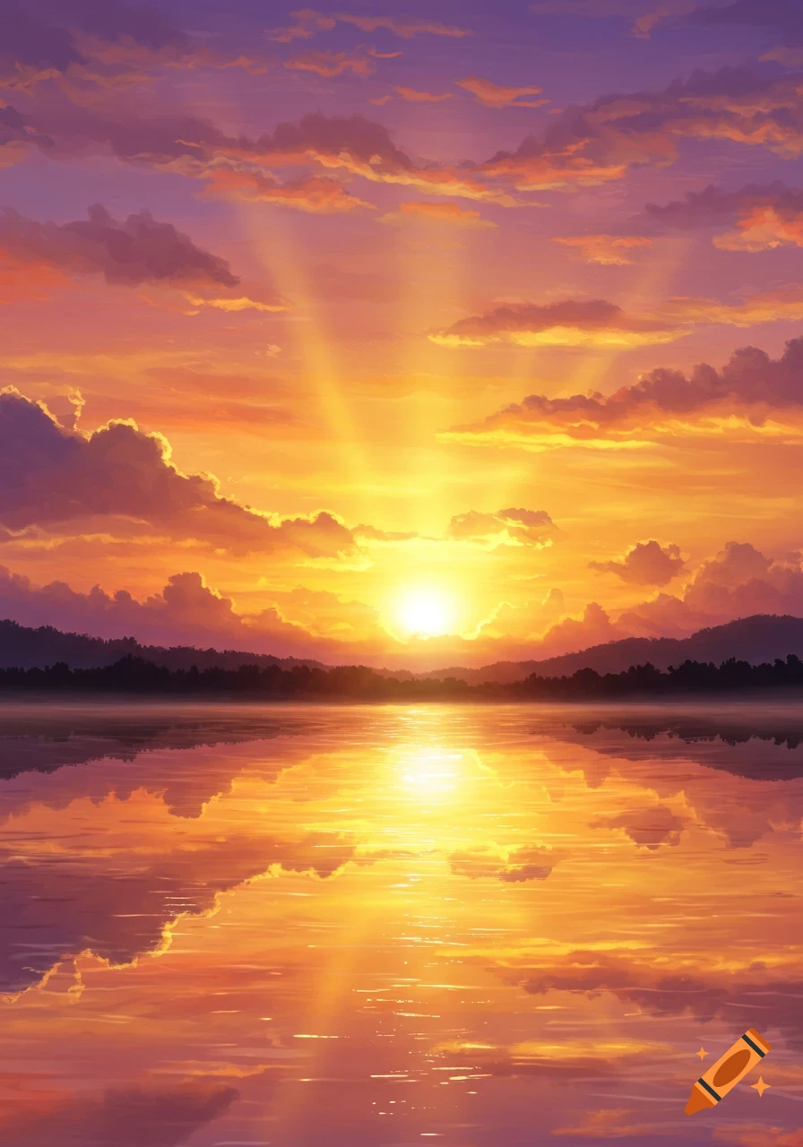 A vibrant digital painting of a golden sunrise over a tranquil lake, reflecting the orange and purple sky and silhouetted mountains.