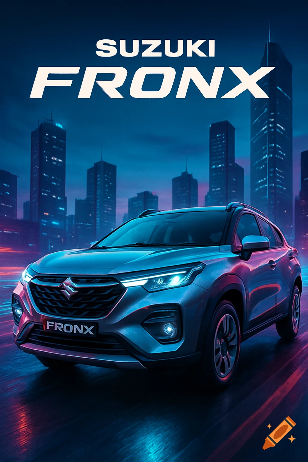 A photorealistic blue-gray Suzuki Fronx car on a street in a stylized, futuristic city at night, with text 'SUZUKI FRONX'.
