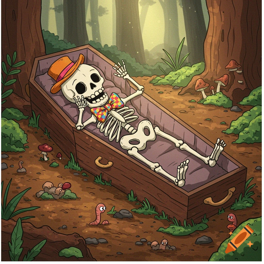 A cartoon skeleton wearing an orange top hat and a colorful bow tie lies in an open wooden coffin in a forest with worms and mushrooms.