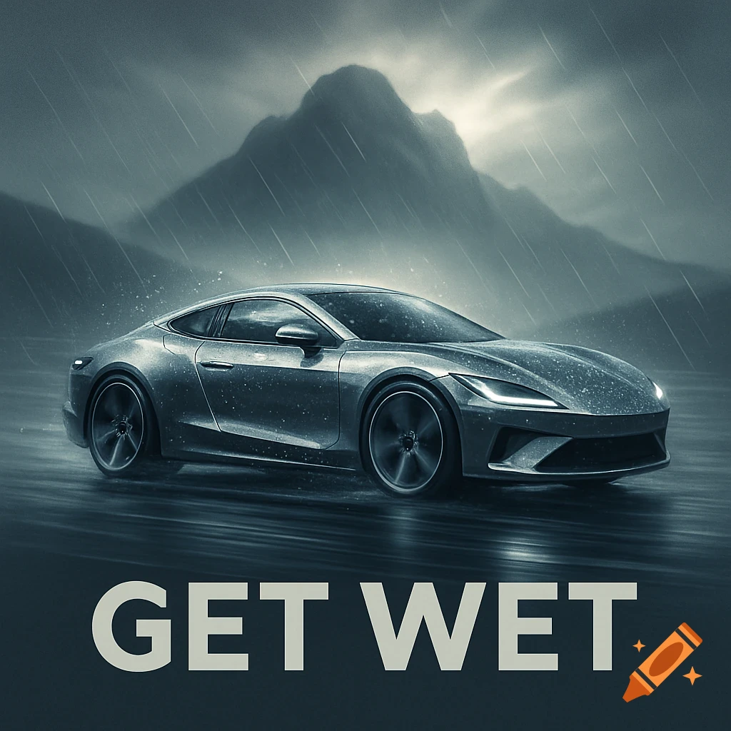 A grey sports car drives through heavy rain with mountains in the background, with the text "GET WET" at the bottom.