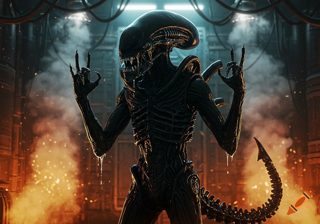 A terrifying black Xenomorph Alien making the sign of the horns with its hands and an open mouth with an extended inner jaw, standing in a fiery industrial setting.