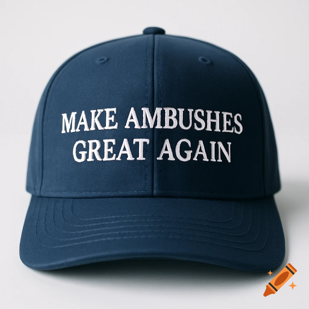 A dark blue baseball cap with 'MAKE AMBUSHES GREAT AGAIN' embroidered in white text across the front.