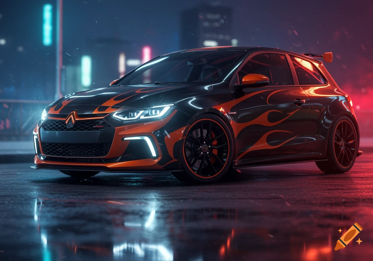 A sleek black hatchback car with orange flame decals and bright headlights, parked on a wet street at night with neon reflections.