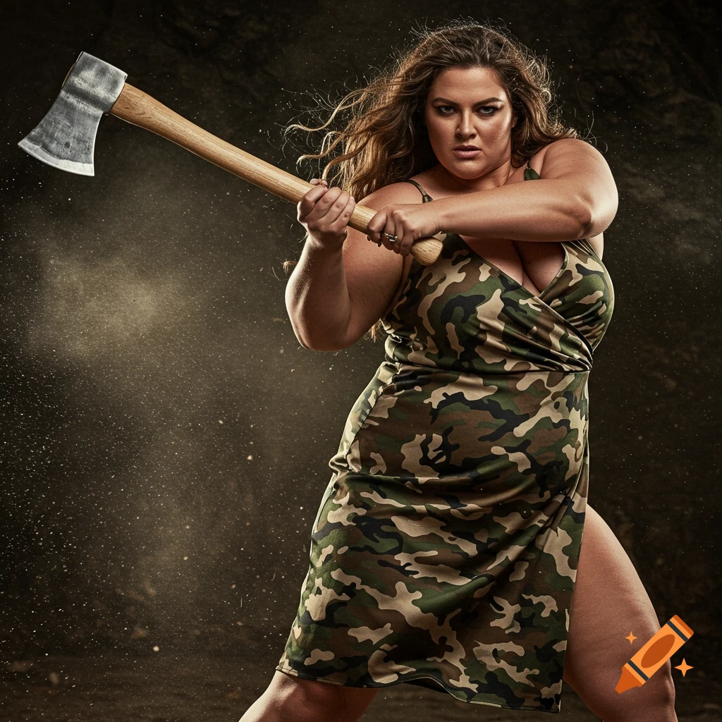 A powerful woman in a camouflage dress holds an axe, ready to swing, with dust illuminated in the background.