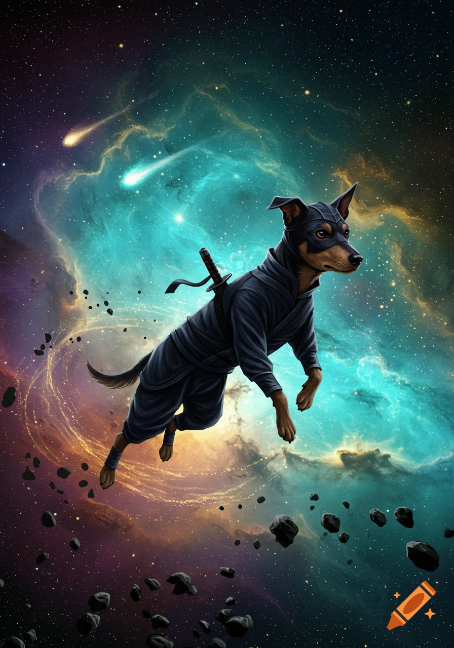 A small dog dressed as a ninja floats in deep space among colorful nebulae and asteroids.