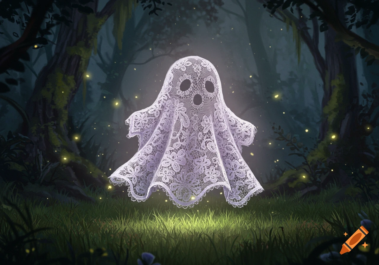 A cute lace ghost with black eyes and mouth floats in a dark, mossy forest with fireflies, glowing at night.