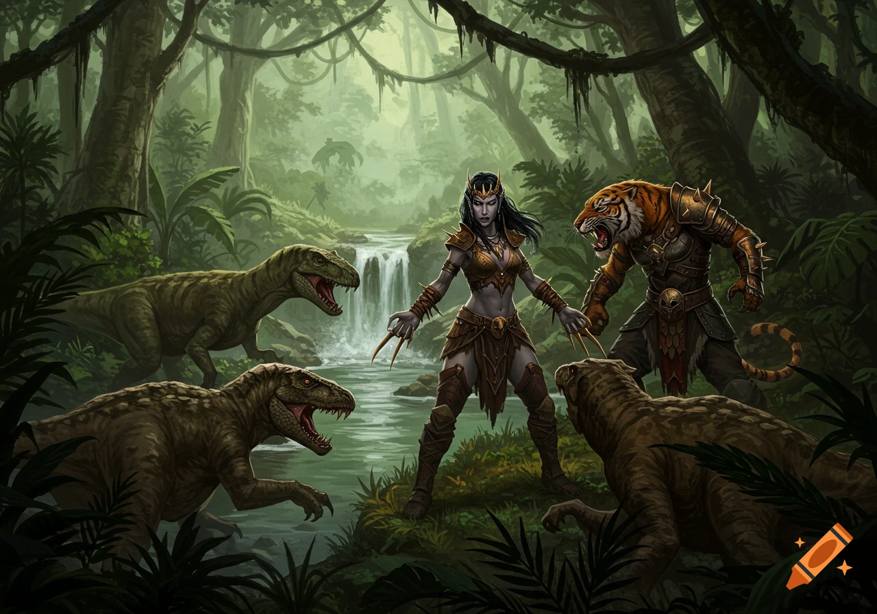 A warrior queen and a tiger paladin confront menacing dinosaurs in a lush, dark fantasy jungle with a waterfall.