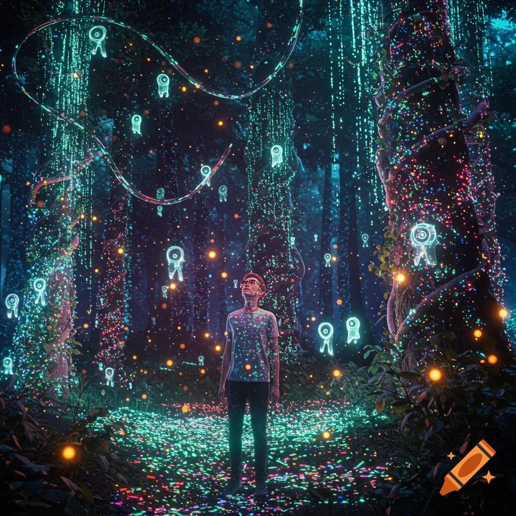 A person with glasses stands in a dark, glowing forest with trees covered in colorful light patterns and the ground sparkling.