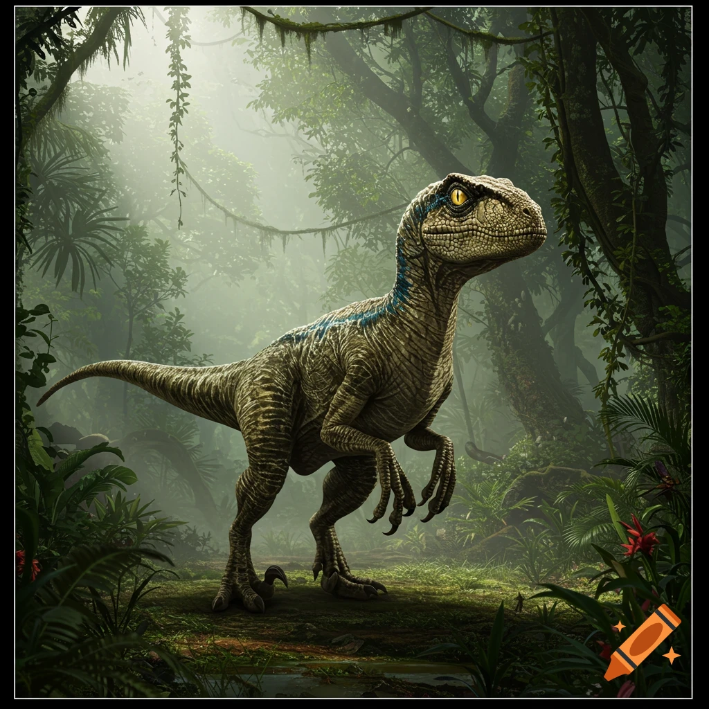 A photorealistic blue Velociraptor from Jurassic World stands in a misty, lush tropical jungle, looking to the right.