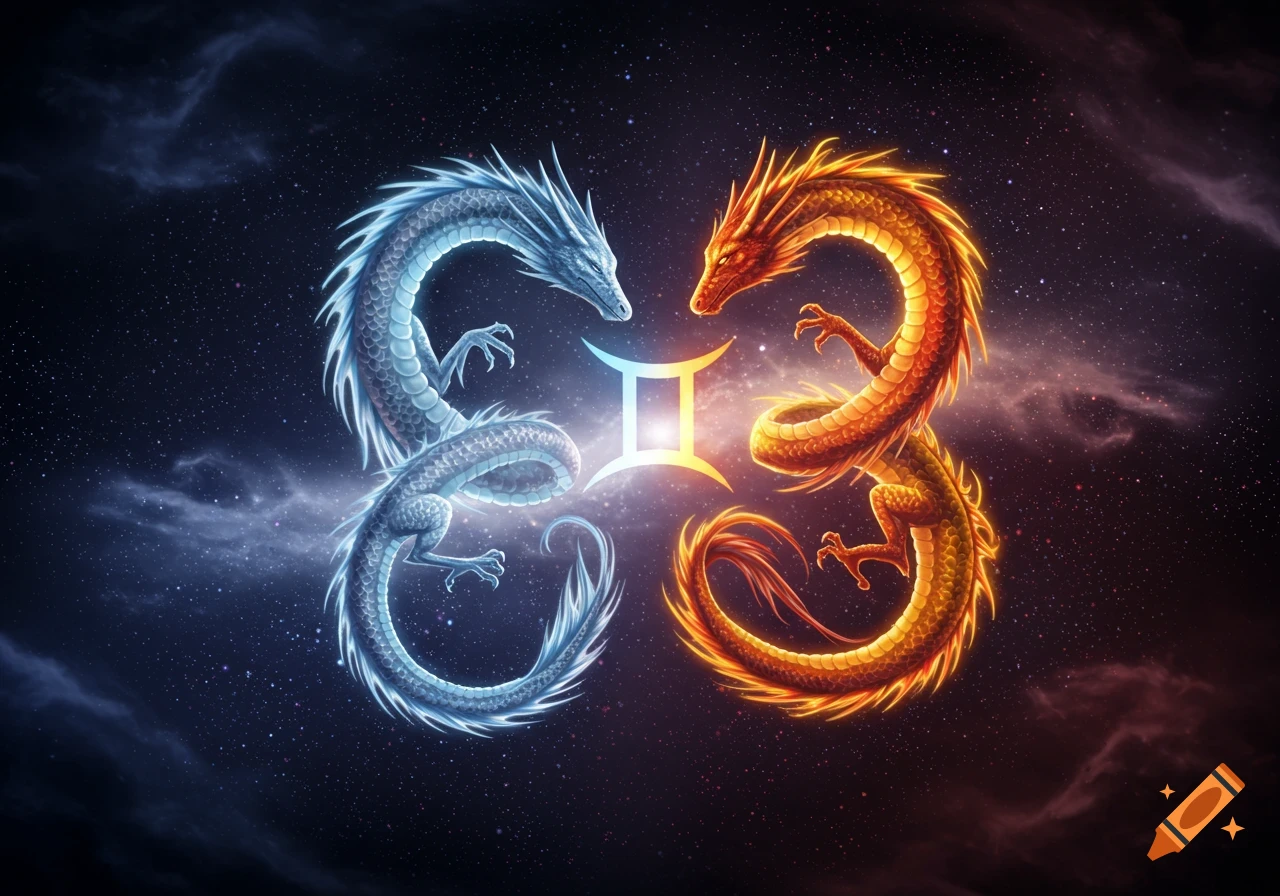 Two dragons, one blue and one orange, facing each other with a glowing Gemini symbol between them against a starry cosmic background.