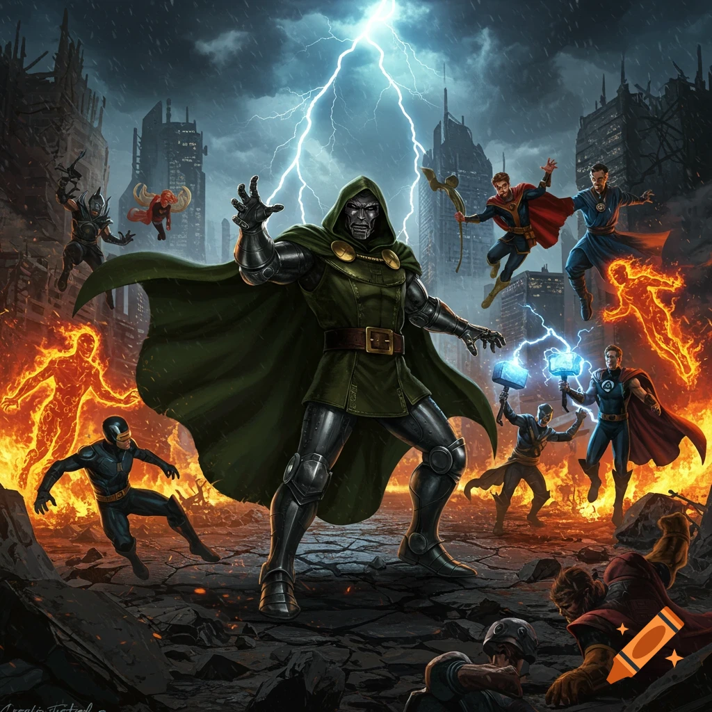 Doctor Doom leads a battle against multiple superheroes in a destroyed city under a lightning storm, in comic art style.