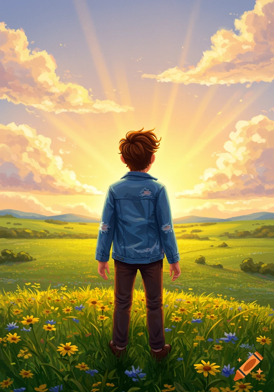 An illustration of a person in a denim jacket standing in a flowery field, looking at a bright sunrise or sunset over rolling hills.