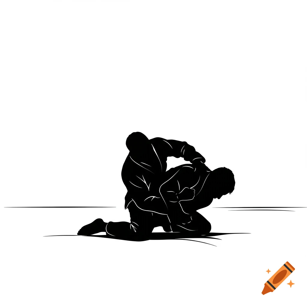 Black silhouette of two athletes grappling on the ground in a minimalist style.