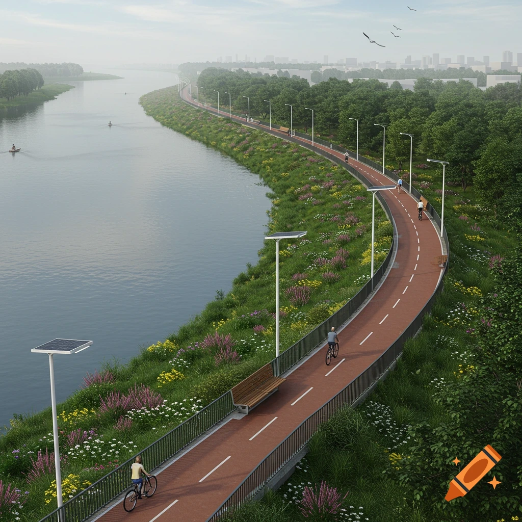 Aerial view of a winding red cycling path beside a river with lush green banks, trees, and distant city. People cycle and boat.