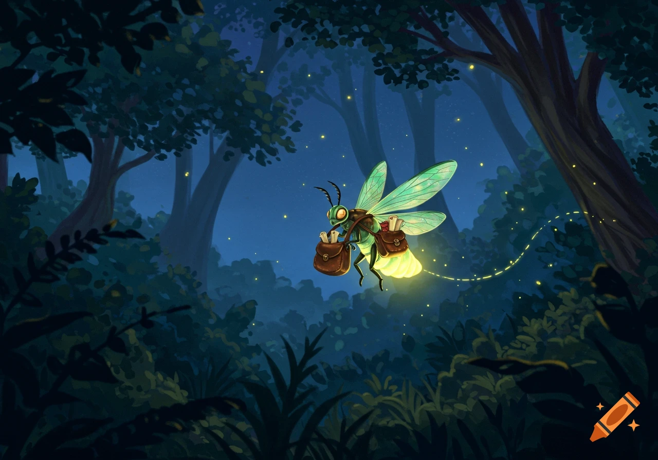 A cartoon firefly courier with glowing abdomen and bags flies through a dark forest at night.