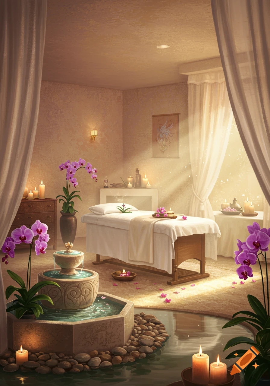 A serene spa room with a massage table, flickering candles, purple orchids, and a stone water fountain, bathed in soft sunlight.