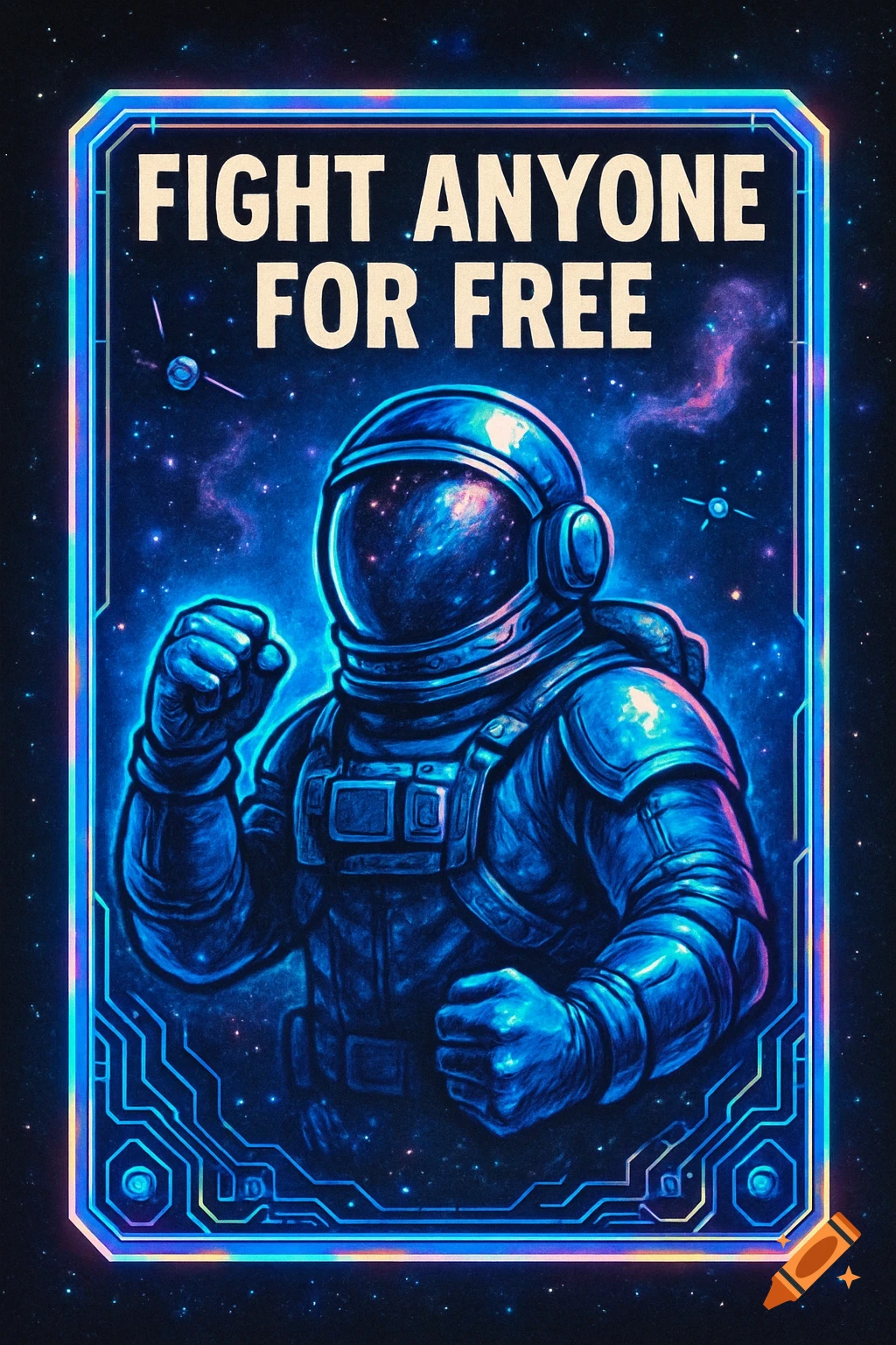 A vibrant blue and purple poster featuring an astronaut in a fighting stance against a starry cosmic background, with the text 'FIGHT ANYONE FOR FREE'.