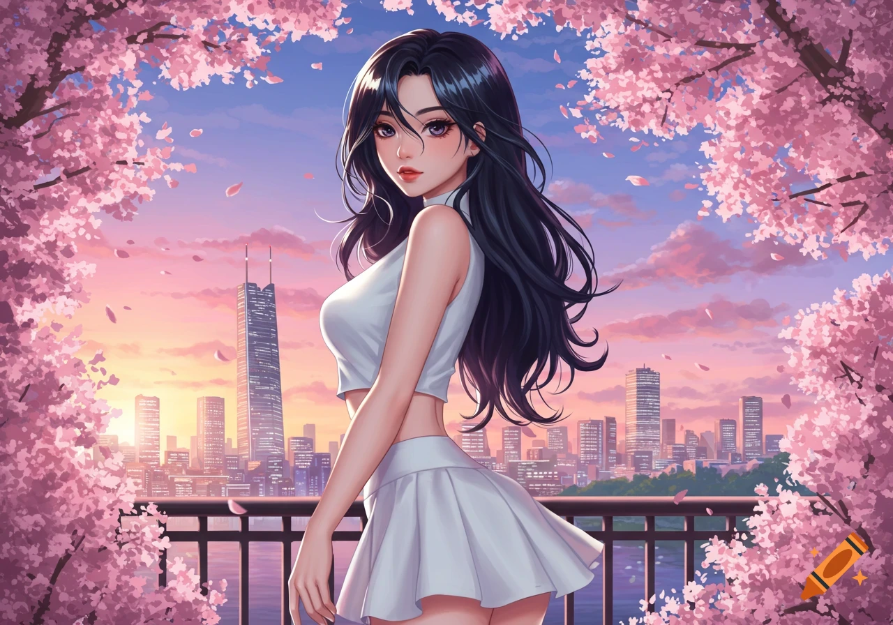 Anime girl with black hair, white crop top and mini skirt, stands on a balcony overlooking a city skyline at sunset with cherry blossoms.