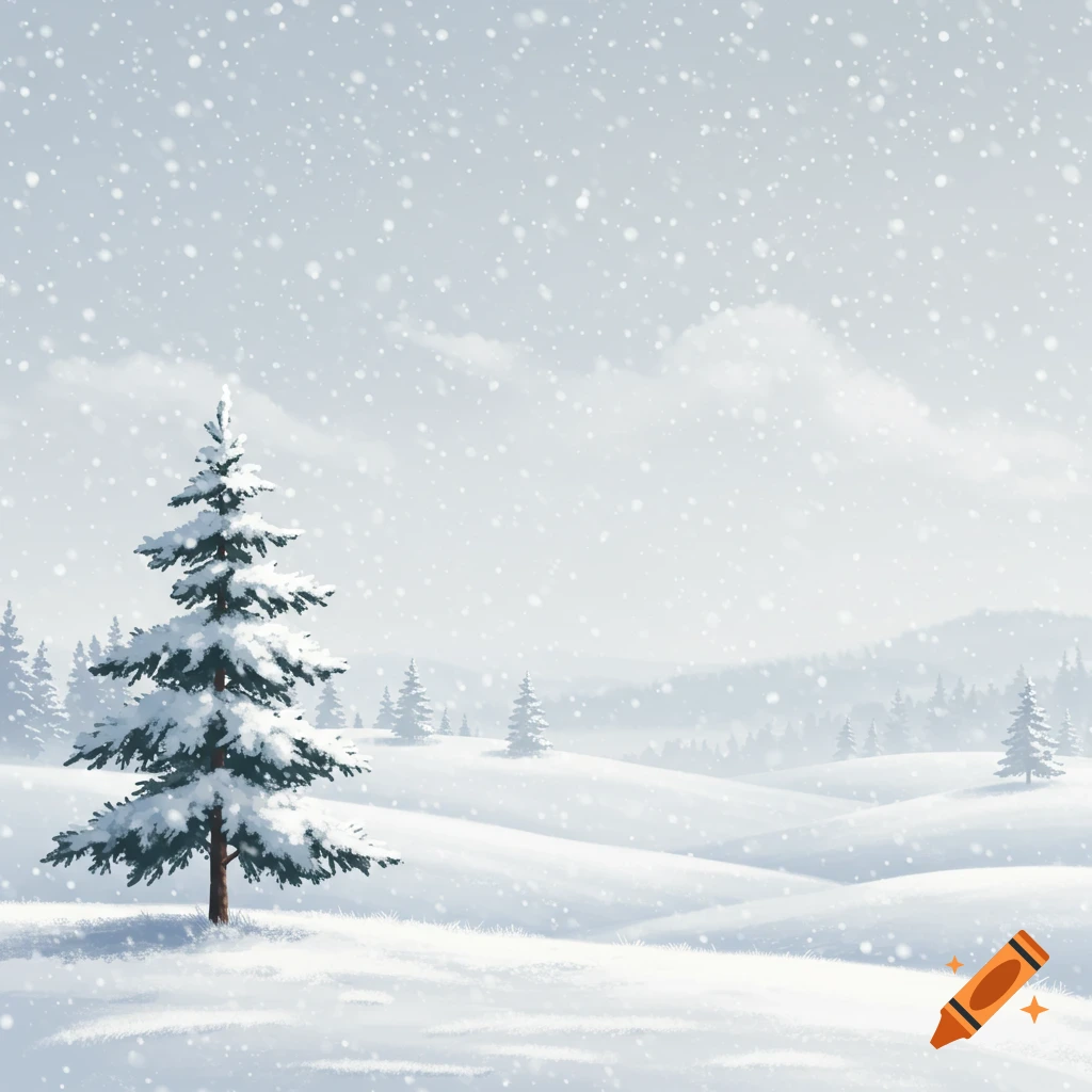A snow-covered pine tree stands in a winter landscape with rolling snowy hills and falling snow.