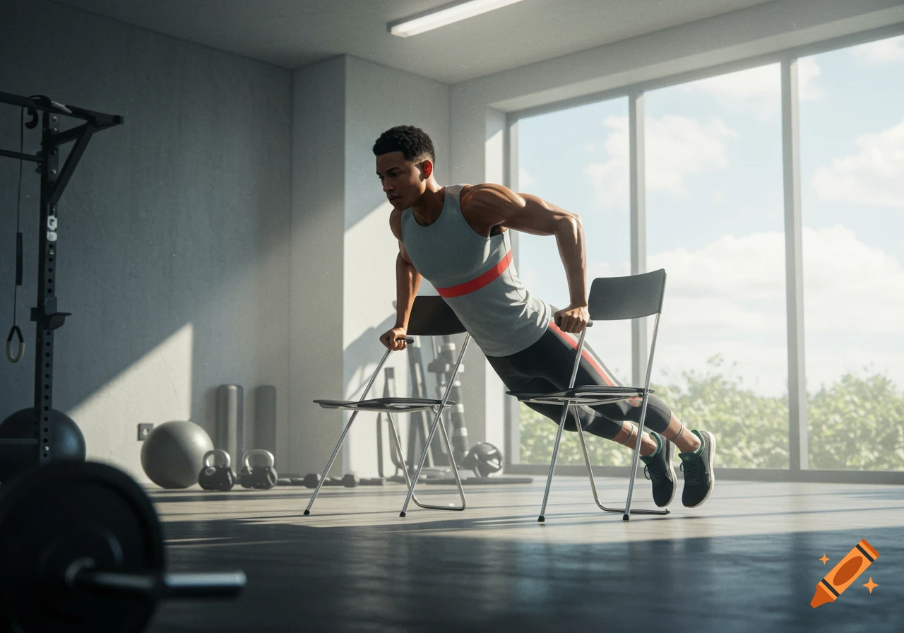 A man performing a chair dip exercise in a brightly lit gym.