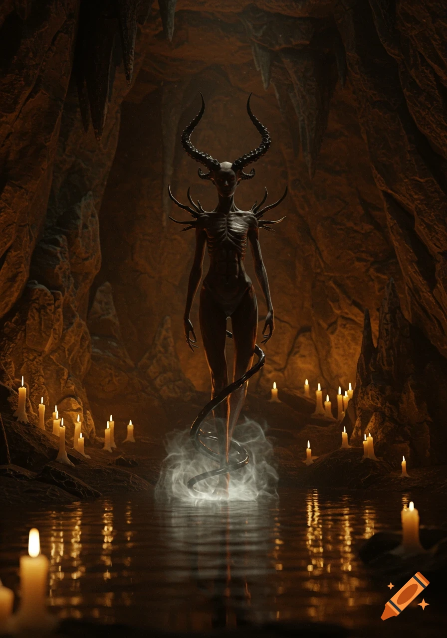 A skeletal, horned demon-like figure stands in a dark, candlelit cave, shrouded in mist above reflective water.
