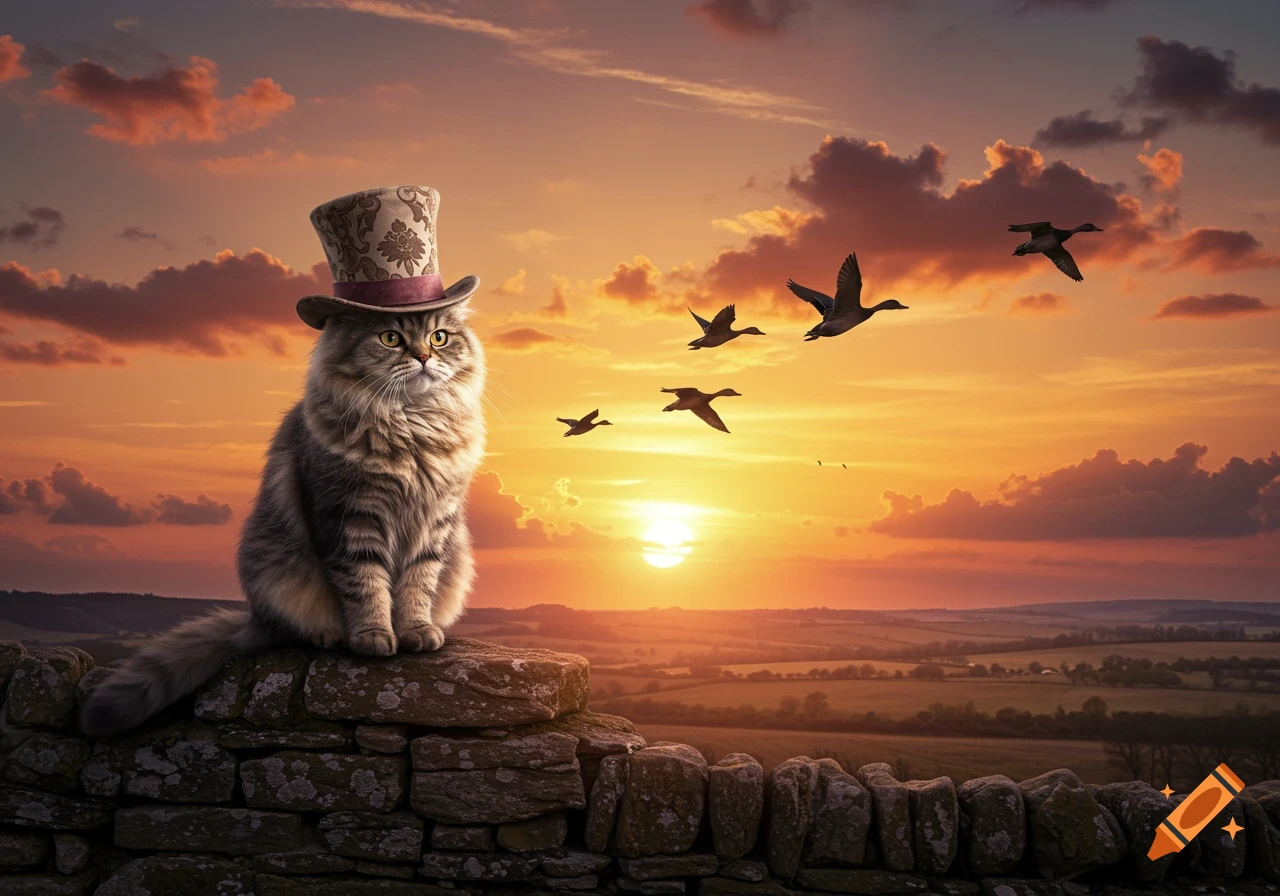 A photorealistic fluffy cat in a top hat sits on a stone wall overlooking a valley with ducks flying at sunset.