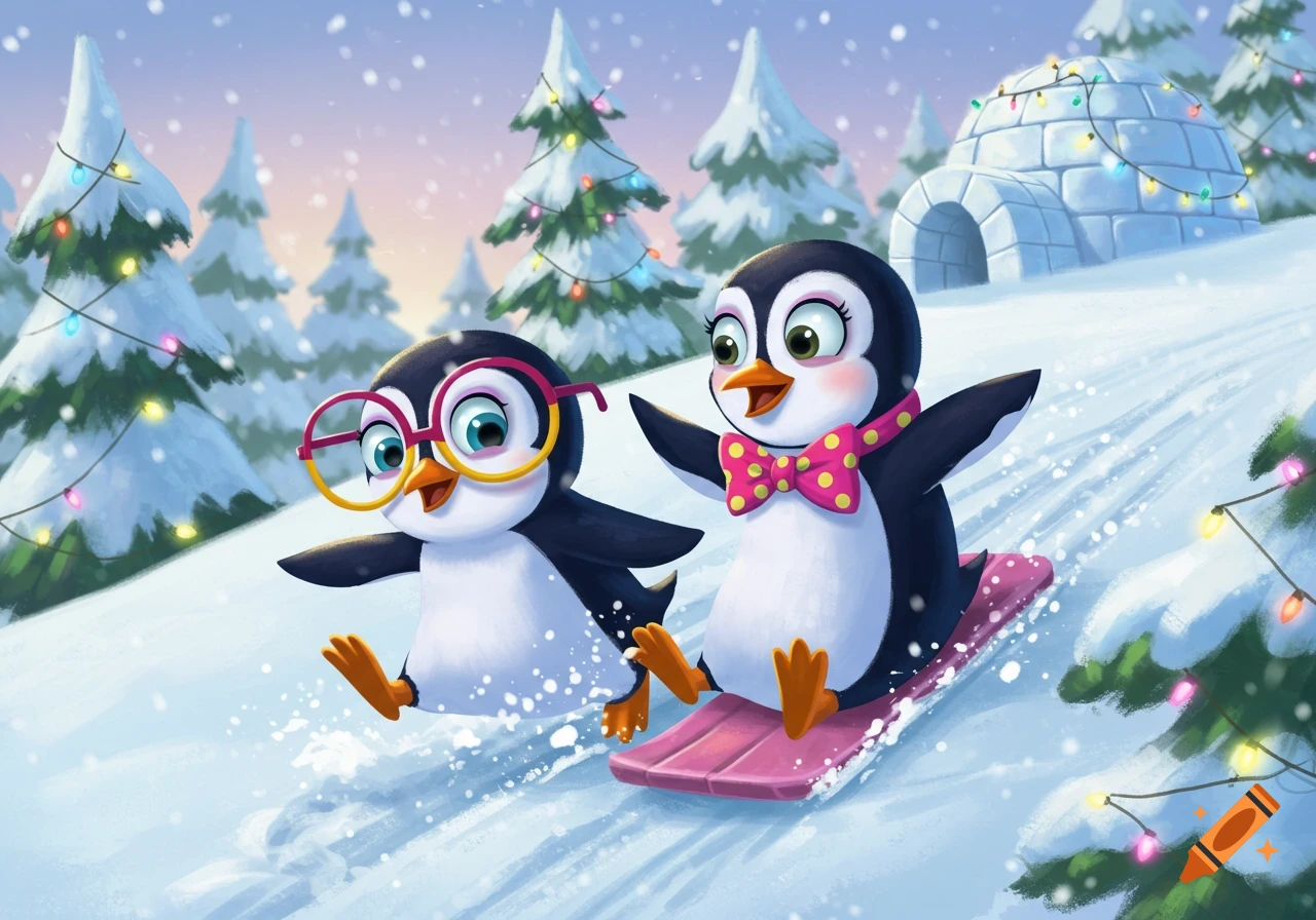 Two cheerful cartoon penguins sledding down a snowy hill past decorated pine trees and an igloo.