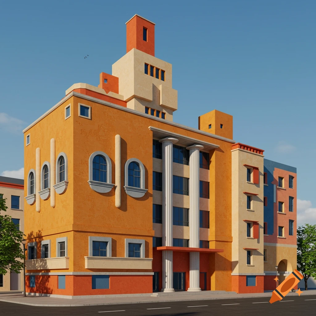 A vibrant postmodern building with orange, beige, and blue sections, featuring architectural columns and arched windows under a clear blue sky.