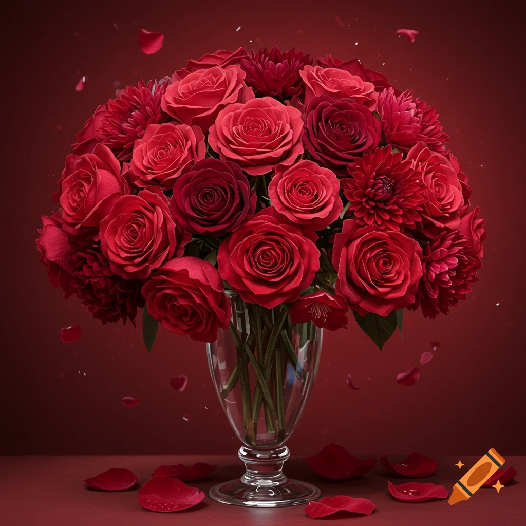 A vibrant, photorealistic bouquet of red roses and dahlias in a clear glass vase on a red surface with scattered petals.