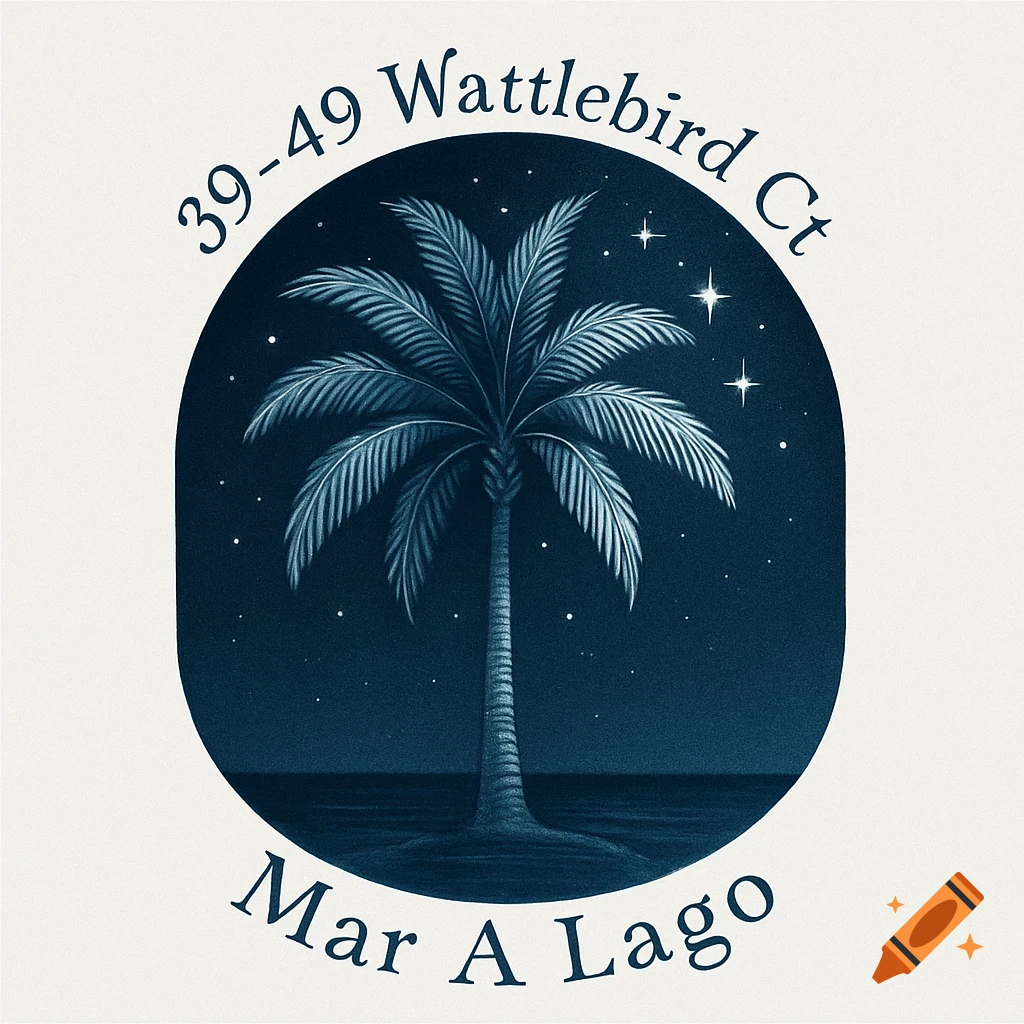 Stylized illustration of a palm tree on an island under a starry sky in an oval frame, with text above and below.