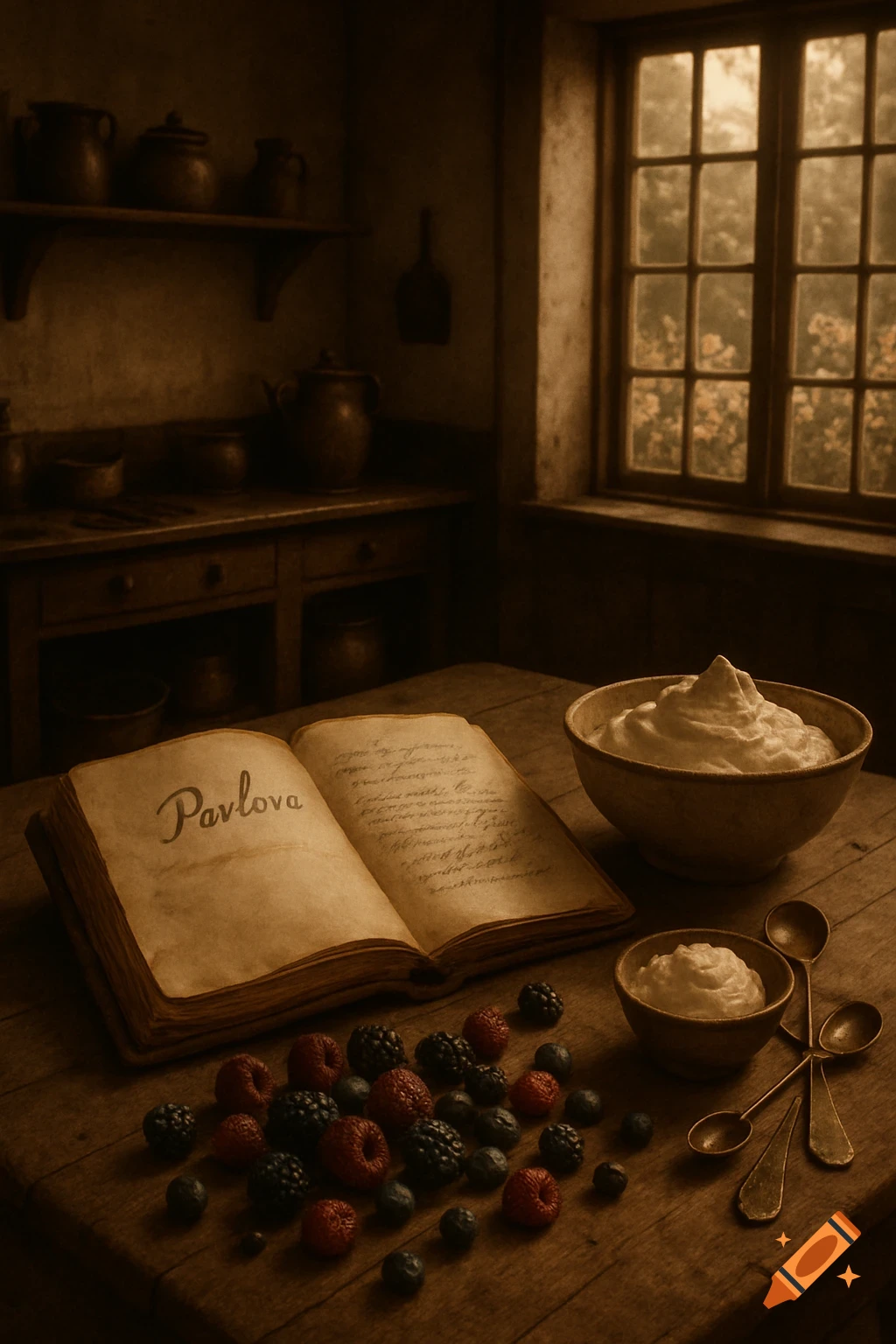 A vintage-style kitchen scene with an open recipe book titled 'Pavlova', fresh berries, and whipped cream on a wooden table.