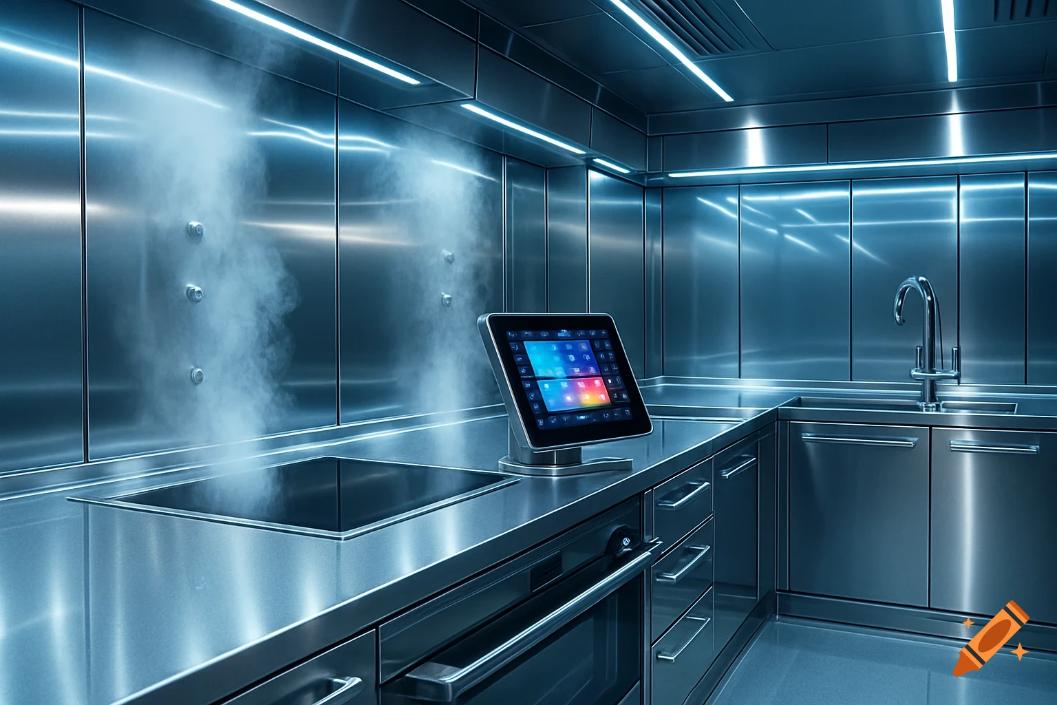 A futuristic, ultra-clean commercial kitchen with stainless steel surfaces, steam jets, and a touchscreen dashboard.