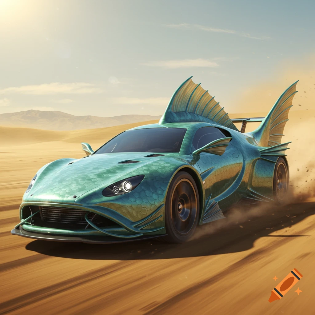 A sleek, teal fish-shaped race car with fins drives rapidly through a sunlit desert, kicking up sand.