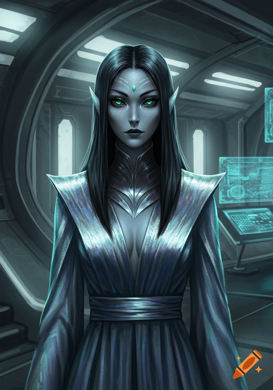 A realistic portrait of an alien noblewoman with dark hair, green eyes, and pointed ears, wearing futuristic silver robes in a spaceship.