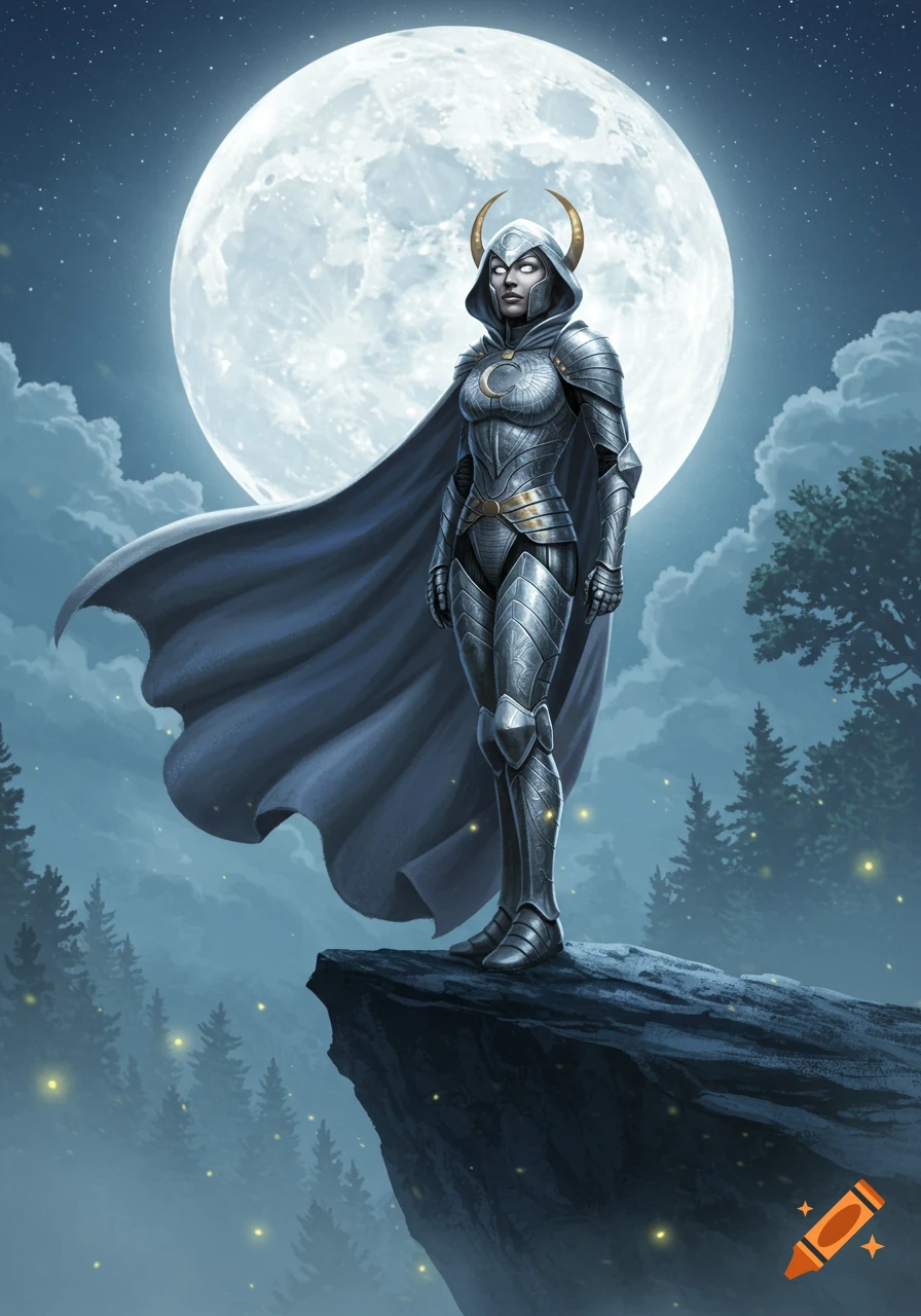 A female warrior in moon-themed armor and a cape stands on a rocky cliff under a large, glowing full moon at night.