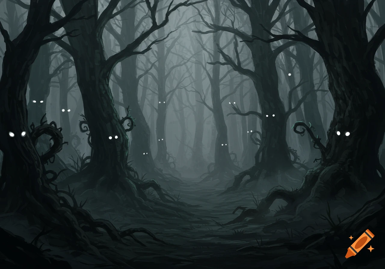 A dark, eerie forest at night with fog and numerous glowing white eyes peeking from behind bare trees and gnarled roots, lit cinematically.