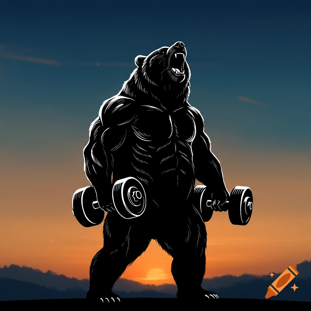 Silhouette illustration of a muscular, roaring bear holding dumbbells against a sunset.