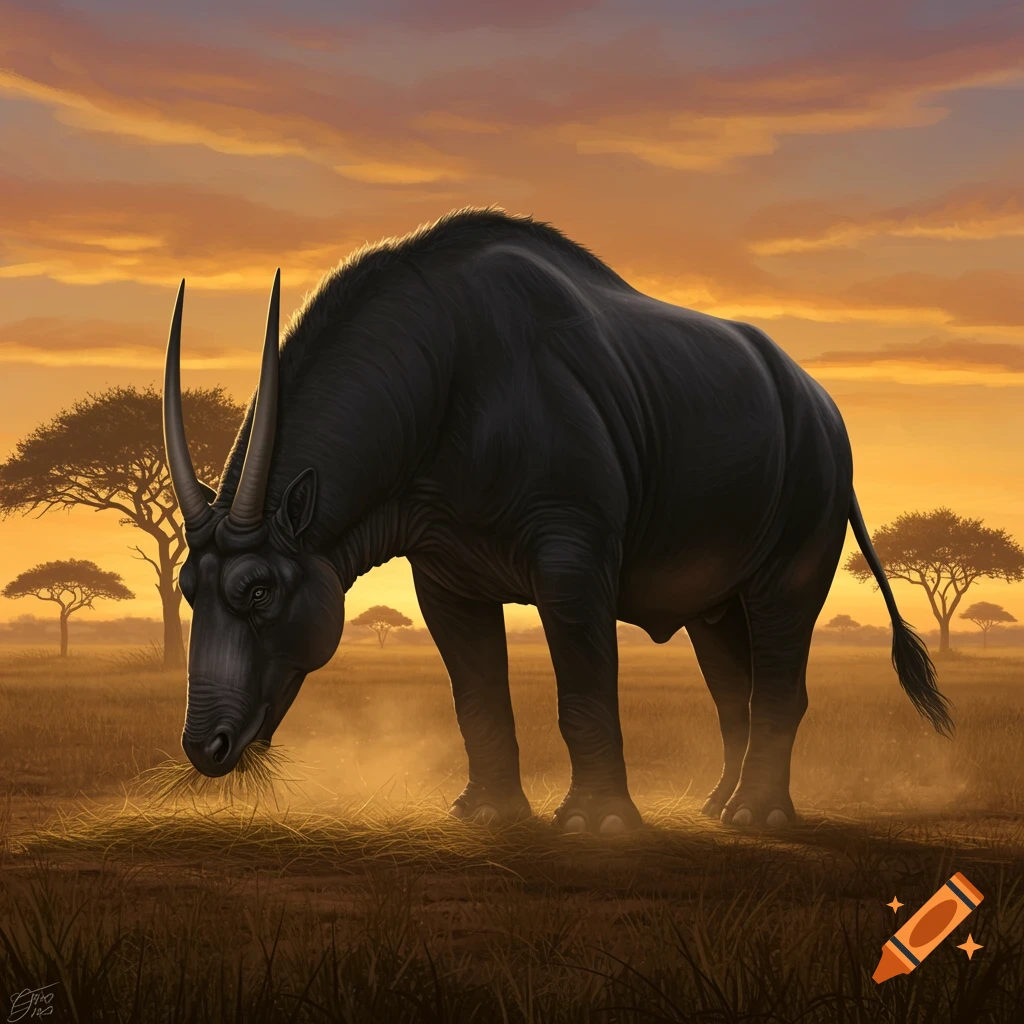 A large, dark, horned mammal grazes in a golden savanna landscape with acacia trees at sunset, depicted in a photorealistic digital art style.